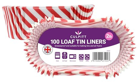 Culpitt 2lb Red Stripe Loaf Tin Liners - 100 Pack | 19.0 x 9.0 x 6.5cm, Heat Resistant To 230°C, Freezer Safe, Ideal For Bread, Cakes & Air Fryers