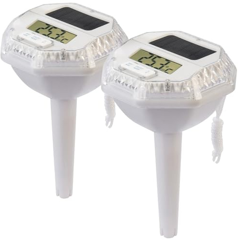 infactory Schwimmbad-Thermometer: 2er-Set Teich- & Poolthermometer, RGB-LEDs, LCD, Min./Max., IP68 (Solar-Teich und Poolthermometer, Solar mit RGB-LEDs, Unterwasser)