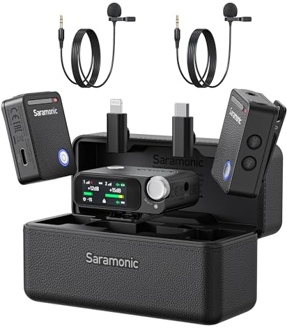 Saramonic Ultra Kabellos Lavalier Mikrofon, 32-Bit Float-Aufnahme, Timecode-Synchronisation, IPX5 wasserdicht, 300M, 130dB SPL, Wireless Mikrofon Handy für iPhone Android Kameras, Smartphone