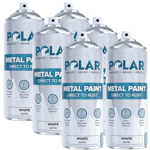 Polar Direct to Rust Metal Spray Paint, 6 x 400ml, Satin White | 3-in-1 Metal Primer, Undercoat and Topcoat, Direct to Rust, Corrosion and UV Resistant, Indoor and Outdoor