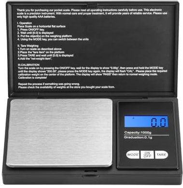 Taschenwaage, 1000 x 0,1 g, Präzisions Digitalwaage, Mini Küchenwaage, Goldwaage, Münzwaage für Küche, Schmuck, Kräuter, Tee, Hefe, Kaffee