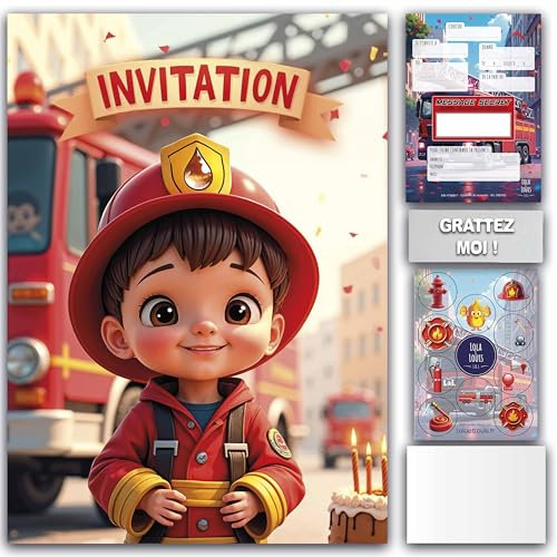 Lola et Louis (L&L) 10 Cartes Invitation Enfants avec Enveloppes pour fille et garçon • MESSAGE SECRET À GRATTER • Thème Camion Pompier Anniversaire et Fêtes • Facile à Remplir • Qualité Premium