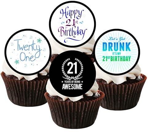 21st Birthday Edible Cupcake Toppers – Blue Themed Cake Decorations for Him – 24 x 4cm/1.5 Inch Discs (PRECUT)