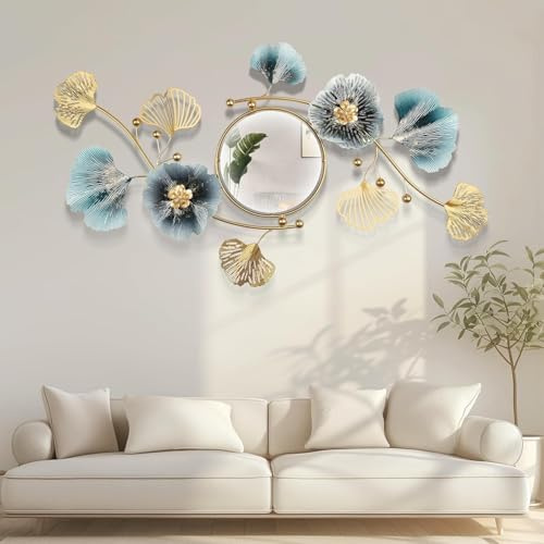 Blissio Grande Specchio da Parete, Moderno Specchio Decorativo, Design 3D Metal Ginkgo Biloba - Perfetto per Soggiorno, Camera da Letto, Bagno o da Parete d'Ingresso (Colore Oro Blu, 82cm)
