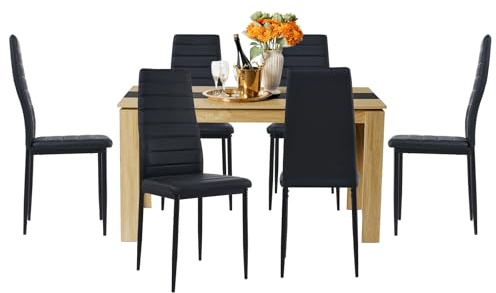 FURNITABLE Esstisch mit 6 Stühlen Esszimmergruppe, 6er Set Esszimmerstühle und Rechteckig Holztisch Essgruppe für Wohnzimmer Küche Büro(140 * 70cm Tisch+6 Schwarz Stühle)