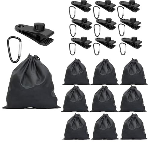 Powerruif Tragbare Gewichtstasche, Planenspanner, planenclips, 10 Planenbefestigung,10 Sandsäcke und 10 Clips für geeignet zum Befestigen von Zelten, vorhängen, Tischdecken, Markisen