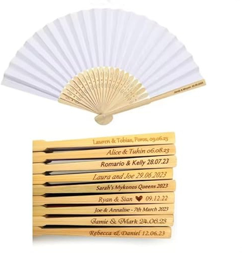 CAODAI Ventaglio pieghevole di carta bianco con incisione personalizzata, con sacchetto regalo e souvenir personalizzato per feste di matrimonio (30)