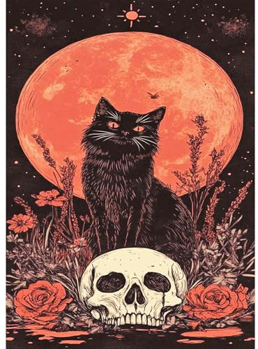BOWETILE Halloween Diamond Painting Schwarze Katze Erwachsene, Totenkopf Mond mit Strasssteinen für Anfänger,Diamant Painting Bilder Erwachsene, Diamond-Painting Arts Craft für Home Wand Decor 30x40cm