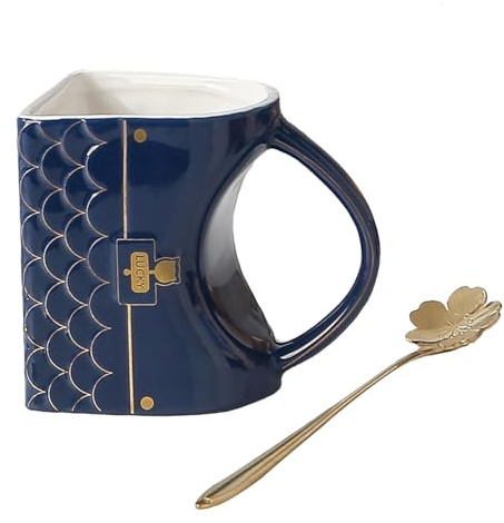 Bibykivn Tasse à Café en Forme de Sac à Main (400ml) – Mignonne Tasse en Céramique avec Cuillère, Tasse à Thé en Porcelaine, Cadeau Unique pour Femmes, Maison & Bureau (Bleu foncé)
