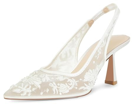 ZJGZF White Mesh Slingback Heels for Women Embroidered Wedding Kitten Heels Bridal Dress Lace Closed Pointed Toe Pumps Shoes