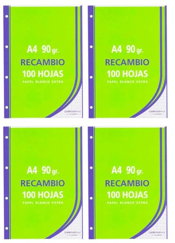 Tradineur - Pack de 400 hojas cuadriculadas A4 perforadas con margen, recambio hojas sueltas para archivador, 4 taladros, papel 90 g, material escolar, oficina