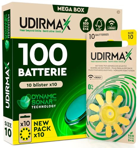 100 Batterien für Hörgeräte PR70 Größe 10 Gelb - Udirmax Zink-Luft Quecksilberfrei 1,45 V Dynamische Sonartechnologie Eco Pack Format - 10 Eco Blister mit 10 Batterien