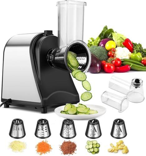 Nictemaw Electric Vegetable Slicer 250W Professional, 5-in-1 Food Processor with Wide Feeding Chute, Stainless Steel Grater with 5 Blades for Cheese Potatoes Carrots & Vegetables