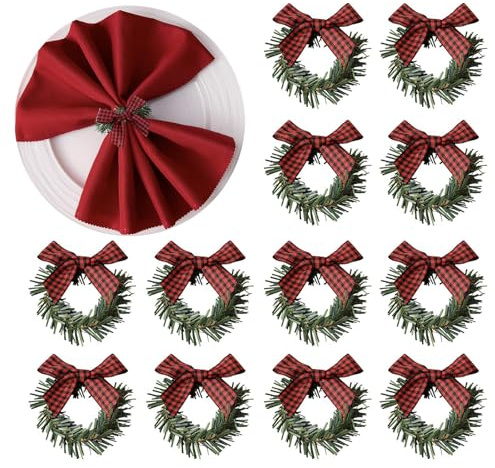 12 Piezas Servilleteros Navideños, Anillos para Servilletas con Lazos, Anillo de Vela Navideñas, Anillos Servilletas para Navidad Banquetes y Fiestas