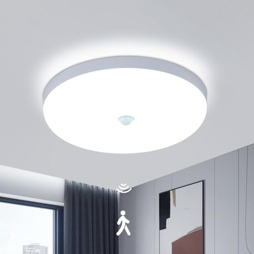 Goeco Plafón LED Techo con Sensor de Movimiento, 30W 3375LM Ø24 CM IP44 Lampara Techo Redondo Interior Luz Blanca Fría 6500K para Pasillo, Escalera, Baño y Salón, Blanco