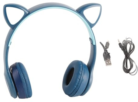 WOHPNLE Cuffie wireless con audio HiFi senza perdita, cuffie Bluetooth a forma di gatto carino con funzionamento a scatto luminoso a LED per l'ufficio scolastico a casa (Blu scuro)