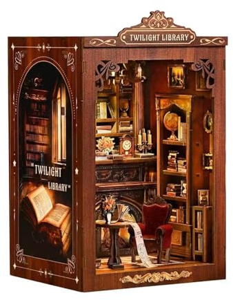 DIY Book Nook Kit for Adults, 3D Wooden Puzzle with LED Light, Booknook Miniature Book Pavilion House Kit Bookend Model Home Desk Ornaments Birthday Gift Style1