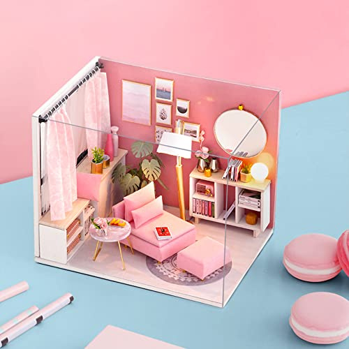 DIY Miniatyr Dollhouse Kit Realistisk Mini Rosa trähus rum med ljus