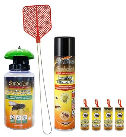 Kit Antimosche e Insetti Completo – Trappola Ecologica con Attrattivo, Paletta Mosche, Insetticida Spray 400 ml e Nastro Cattura Mosche – Uso Interni ed Esterni – Made in Italy