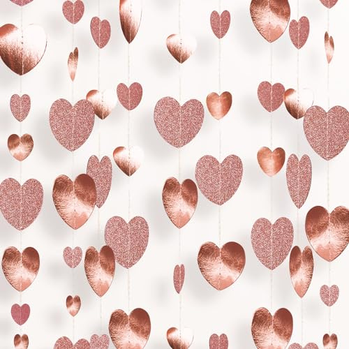 G2PLUS 16M Roségold Girlande Glitzer: 4 Stücke Herz Girlande | Hängende Papiergirlande Dekoration für Valentinstag, Hochzeit, Geburtstag, Babyparty, Junggesellinnenabschied