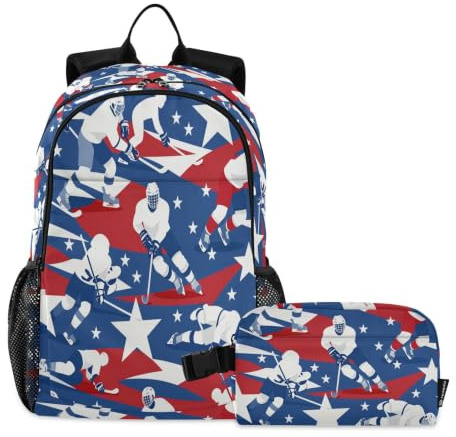 miaozhen Sac à dos d'école avec sac à déjeuner, graffiti, mini joueur de hockey sur glace Usa 18 l/sac à dos pour adolescentes avec boîte à déjeuner, âge 8-10 ans, mochilas con loncheras para ni ? as