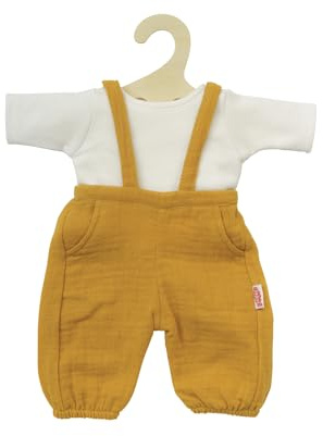 Heless 1415 – Dockkläder av 100% ekologisk bomull, 2-delat set med hängselbyxor i honungsgul och vit t-shirt för dockor och gosedjur i storlek 28–35 cm