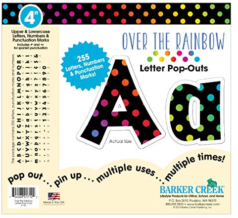 Barker Creek Letter Pop-Outs, 4 Over The Rainbow, Multicolor Designer Letters for Bulletin Boards, Breakrooms, Reception Areas, Signs, Displays, and More! 4, 255 Characters per Set (1712)