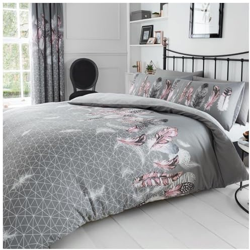 GC GAVENO CAVAILIA Parure de lit réversible en Polycoton avec Housse de Couette Facile d'entretien - Motif à Plumes - Gris, King Size (230 x 220cm)