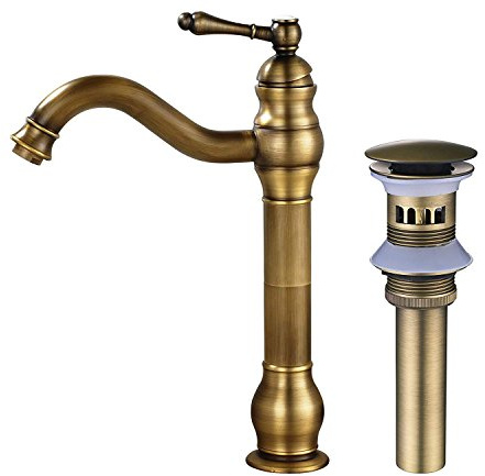 MEIBATH Badezimmer Waschbecken Mischbatterien Einhand Arbeitsplatte Wasserhahn Vessel Tap + Sink Pop up Drain (mit Überlauf) Antik Messing Wasserhahn Badarmatur Waschtischarmaturen