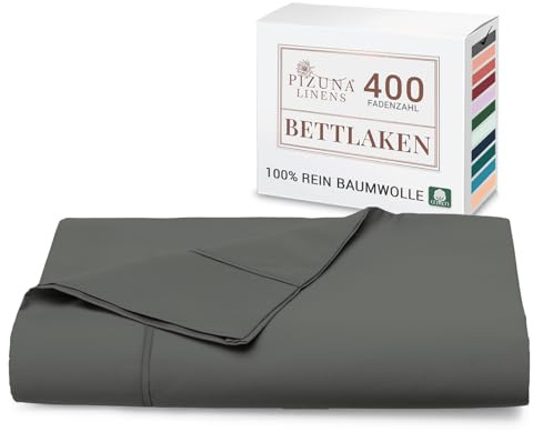 Pizuna Bettlaken 230x280 cm Baumwolle Anthrazitgrau 400 Fadenzahl | 100% Langstapel Baumwolle Bettlaken ohne Gummizug, Satinbindung Flachlaken Mit stilvollem 5 cm Saum Mako Satin