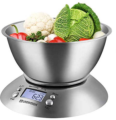 UNIWEIGH Food Kitchen Scale Bowl,Digital Gram and OZ for Cooking,Baking,Dieting,Weight Loss,with Removable Bowl 2.15L Volume, Room Temperature,Timer, Backlight LCD Display, Stainless Steel, 11lb/5kg