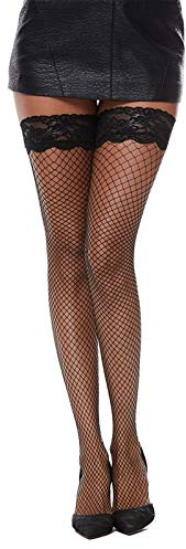 MANZI Fishnet Hold Up Stockings - Women Lace Net Thigh Highs Black, L/XL