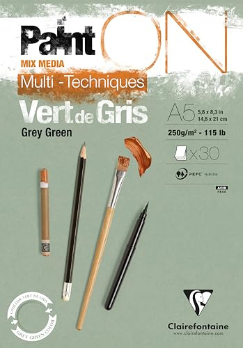 Clairefontaine 975704C Multi-Technical PaintON limmat block - 30 ark flertekniskt ritpapper med lätt grov korn - grågrön - A5 14,8 x 21 cm 250 g