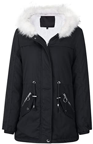 YYNUDA Dam vinter parkas kappa pälskrage huvjacka varm vindtät vadderad ytterkläder, Svart, XL