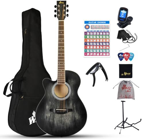 Winzz Left-Handed Guitar Acoustic Western Guitar Black 40 Inch Beginner Set with Pickup, Stand, Pick, Strap, Tuner, Bag
