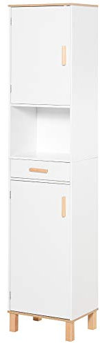 kleankin Mobile Bagno Salvaspazio in Legno, Mobile a Colonna con Armadietti e Cassetto, 39x30x180cm, Bianco