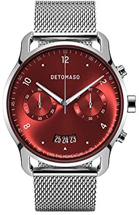 DeTomaso SORPASSO Chronograph Limited Edition Silver RED Herren-Armbanduhr Analog Quarz Mesh Milanese Silber