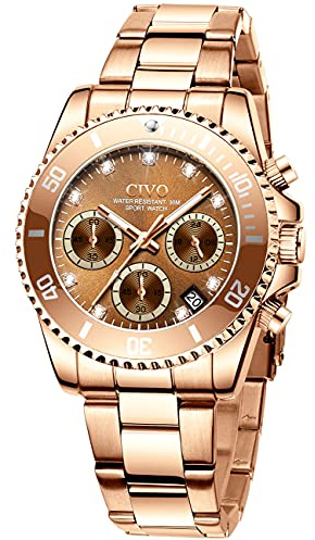 CIVO Womens Watch Rose Gold Analog Quartz Chronograph Stainless Steel Strap