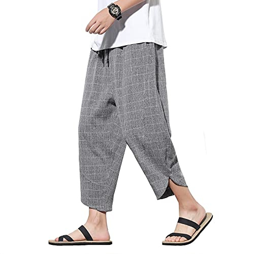 DOSLAVIDA Herren Casual Elastische Taille Leinen Caprihose Weites Bein Baggy Baumwolle Harem Yoga Hose Lose Patchwork Shorts, Plaid-grau, Mittel