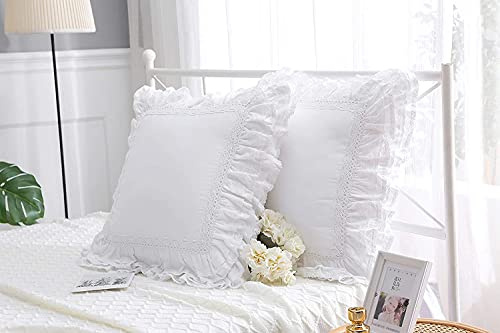 Weiße Kofkissenbezüge mit Spitze Rüschen,Weiß Spitzen Kissenbezüge,100% Baumwolle, 50 x 50 cm, Reißverschluss, luxuriös, elegant, 2 Stück，