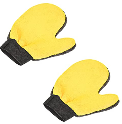 sourcing map Microfiber Wash Gloves Chenille Washing Sponge Mitten Dry Duster with Thumb for House Cleaning, Grey Yellow Pack of 2