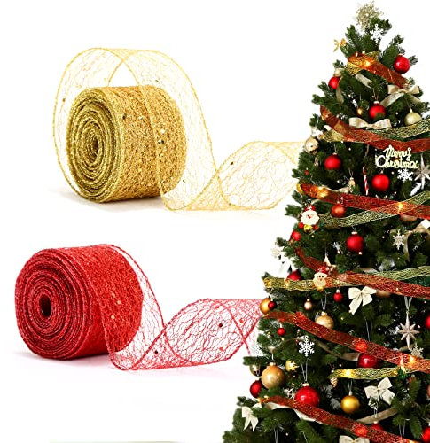 LEMESO 2 Nastri Natalizi per Albero di Natale Nastro Natalizio in Rete Oro e Rosso Kit, Confezioni Regalo, Decorazioni Ornamenti Addobbi Natalizi per Casa Glitterato con Filo Metallico