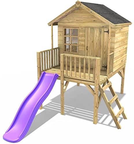 Rebo® 5FT x 5FT Childrens Wooden Garden Playhouse on Deck with 6ft Slide - Pheasant Purple | OutdoorToys | Kids' Outdoor Wooden Garden Wendy House, Children's Play Shed, Weather Resistant