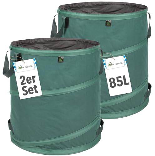 TTL GARDEN 2x 85L Pop Up Gartensack Premium - 220gsm 600D Oxford Gewebe | - 2er Set 85 Liter – Gartenabfallsack, Laubsack, Sack für Gartenschnitt faltbar selbstaufstellend extra robust & wasserfest