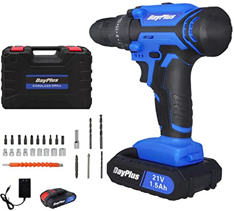 Taladro Inalámbrico Taladro Atornillador, Taladro Percutor y Maletín, 45 Nm, 1x 1500mAh Baterías Litio 21V, 25+1 Ajuste de Par, 10 mm Mandril Portabrocas Automatico, 26 Accesorios