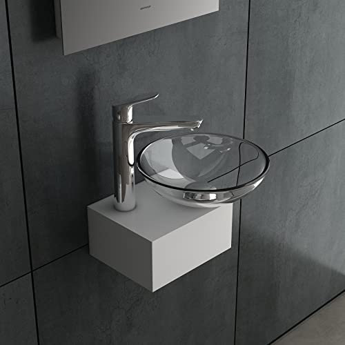 Alpenberger Aufsatzwaschbecken Rund mit Edelstahlkasten | Mini Waschbecken ohne Hahnloch | Waschschüssel Rund 38 cm | Spühlbecken aus Klarglas | Bathroom Sink Handwaschbecken für Bad & Gäste WC