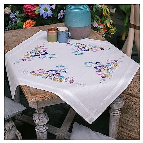 Vervaco Stickpackung Tischdecke Sticken Set Erwachsene Vorgedruckt Allium in Blau und Lila Stickdecken Vorgezeichnet Decke Sticken Plattstich 80 x 80 cm Stoff zum Sticken Kreatives Geschenk