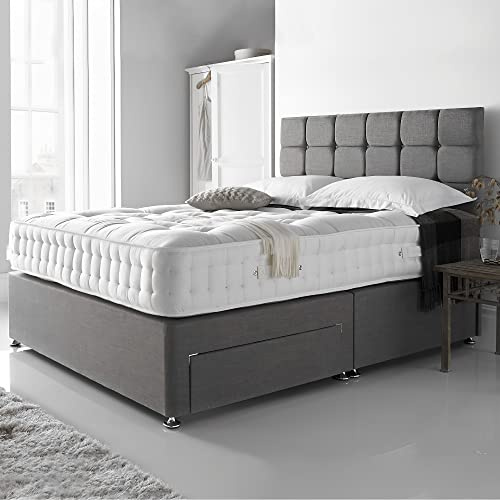 DBZ BEDS Reinforced 4FT6 Double Bed Set with 2000 Series Mattress – Grey Linen Velvet Divan Bed Frame with Storage Options – 26 Headboard & Chrome Glider Feet – Made in UK
