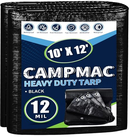 CAMPMAC Black Tarps Heavy Duty Waterproof 10x12, 12 Mil Thick, High Durability, Rip and Tear Resistant with Metal Grommets Every 20 Inches