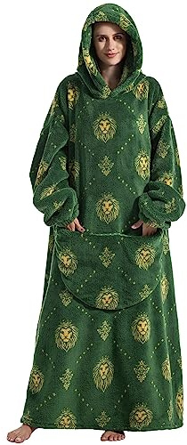 JOREAY Extra lång överdimensionerad filt huvtröja, vuxna kvinnor mys fleece bärbar filt, fluffig gigantisk huvtröja för tonåringar, Grönt lejon, L-XXL Plus Extra Tall